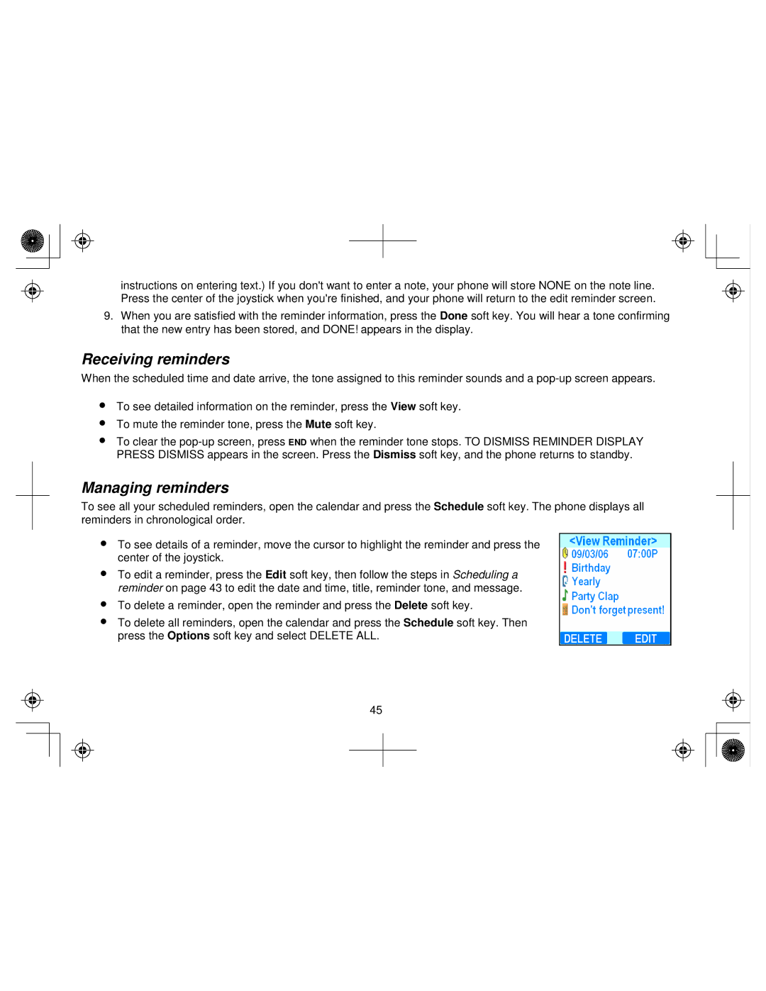 Uniden WIN1200 owner manual Receiving reminders, Managing reminders 