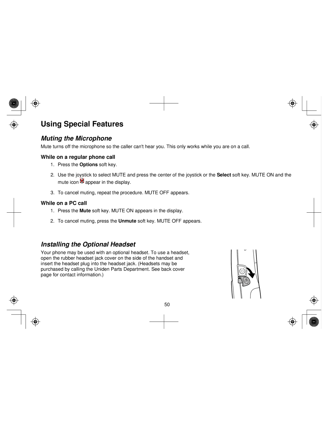 Uniden WIN1200 Using Special Features, Muting the Microphone, Installing the Optional Headset, While on a PC call 