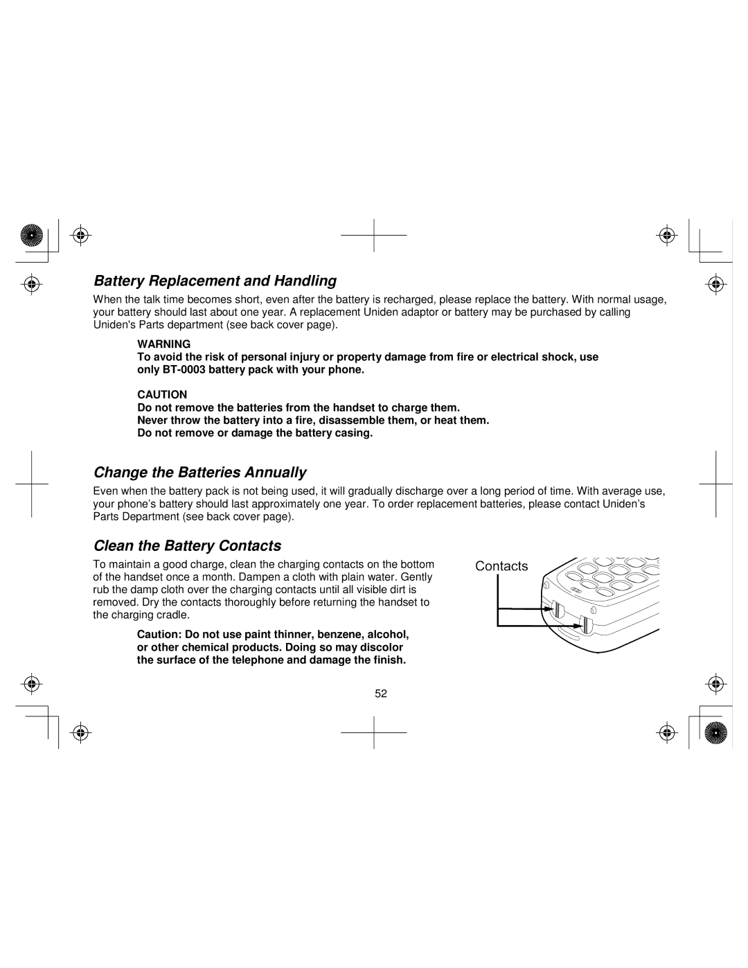 Uniden WIN1200 owner manual Battery Replacement and Handling, Change the Batteries Annually, Clean the Battery Contacts 