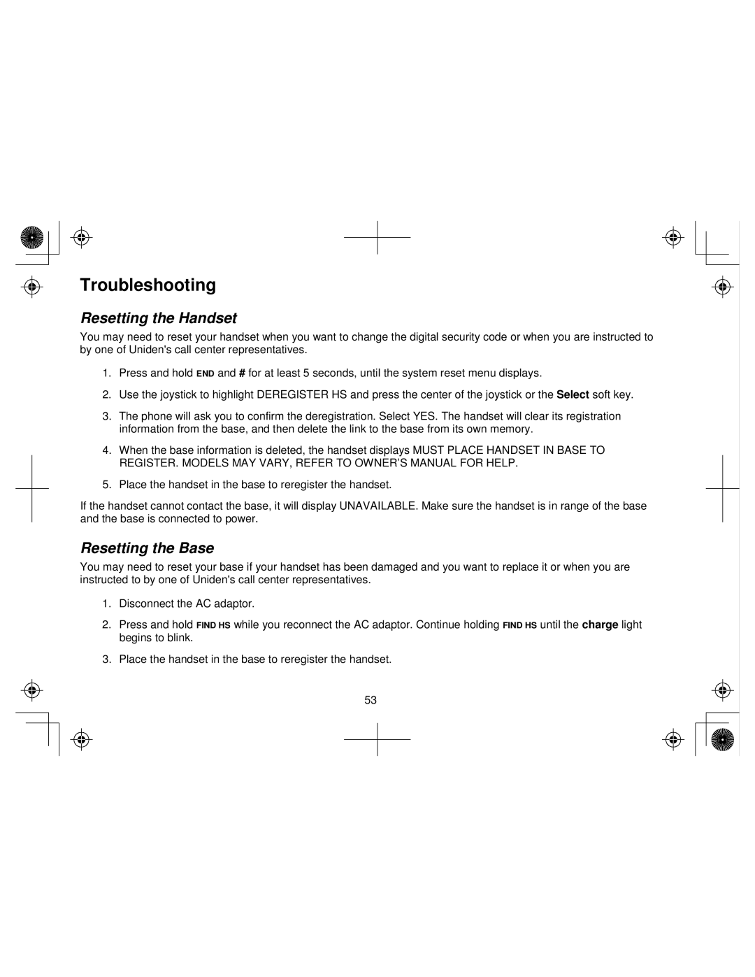 Uniden WIN1200 owner manual Troubleshooting, Resetting the Handset, Resetting the Base 