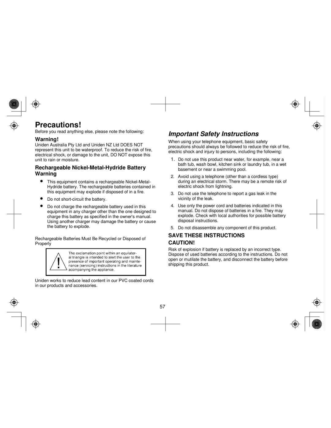 Uniden WIN1200 owner manual Precautions, Important Safety Instructions, Rechargeable Nickel-Metal-Hydride Battery Warning 