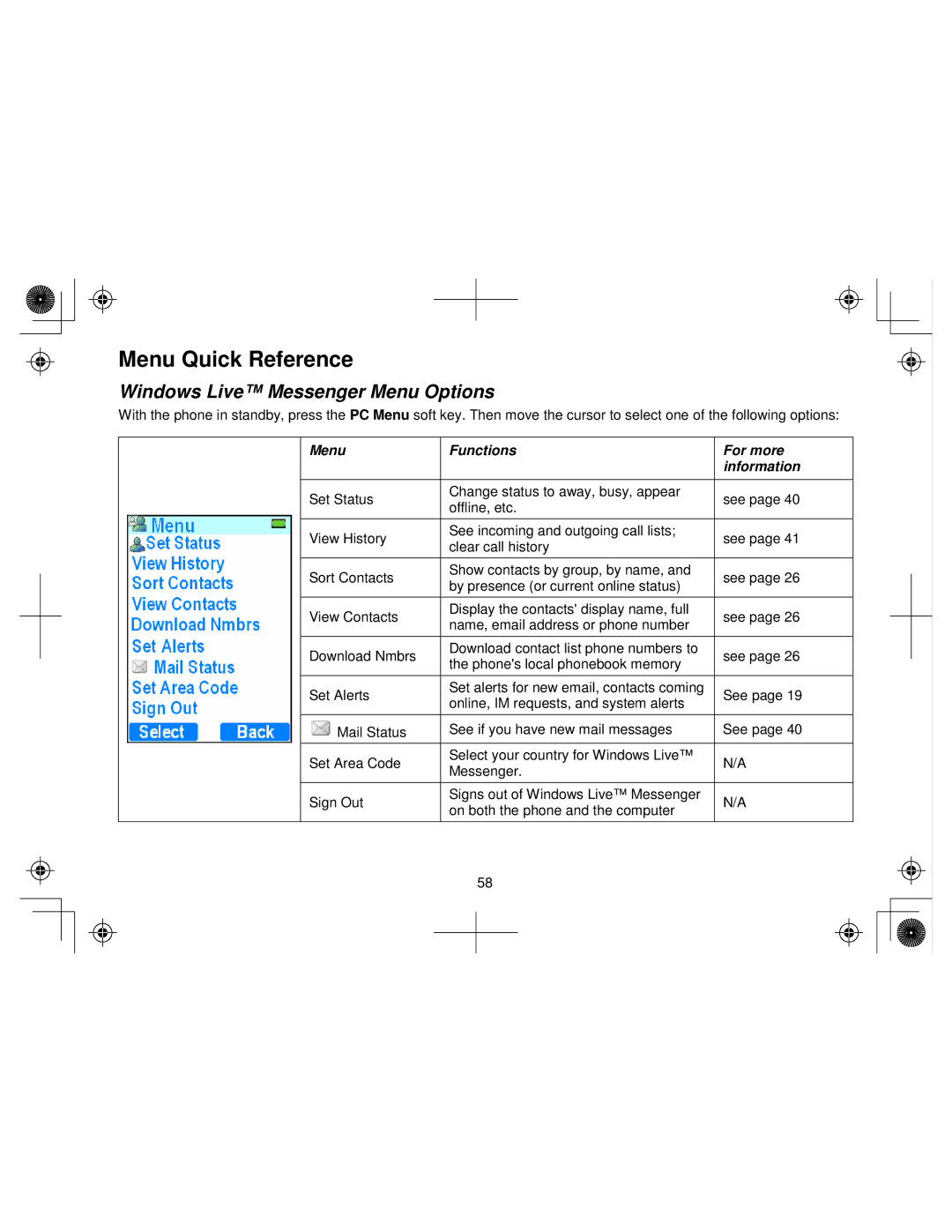 Uniden WIN1200 owner manual Menu Quick Reference, Windows Live Messenger Menu Options 