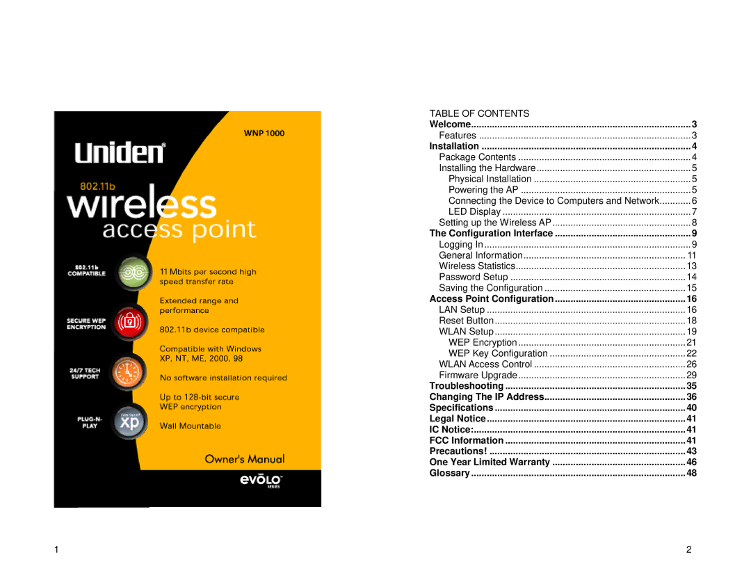 Uniden WNP1000 specifications Table of Contents 