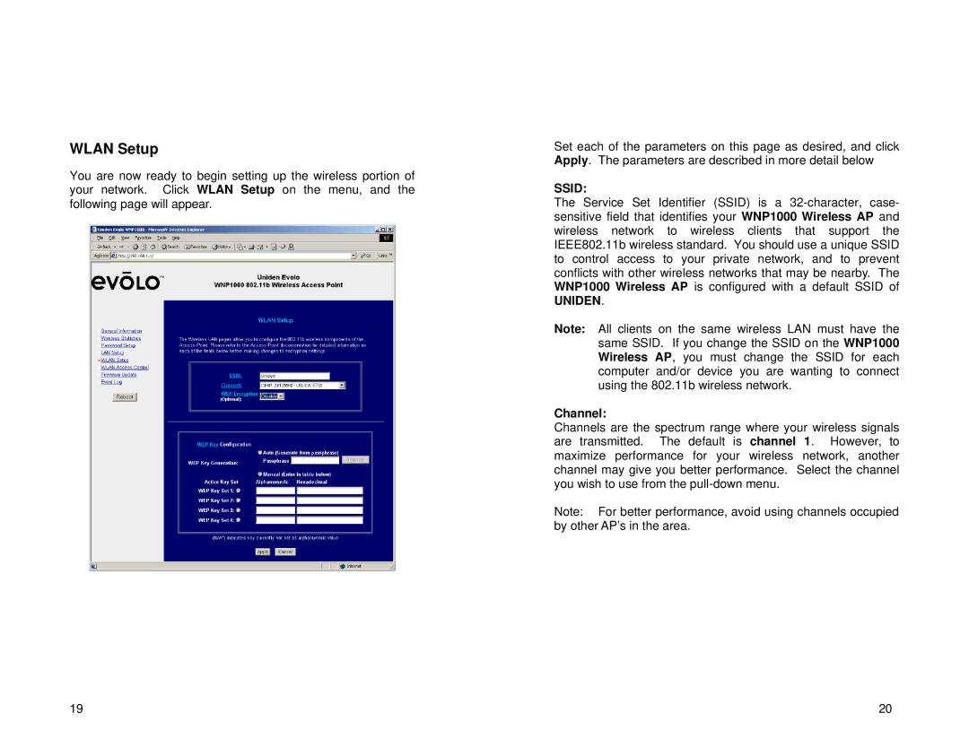 Uniden WNP1000 specifications Wlan Setup, Channel 