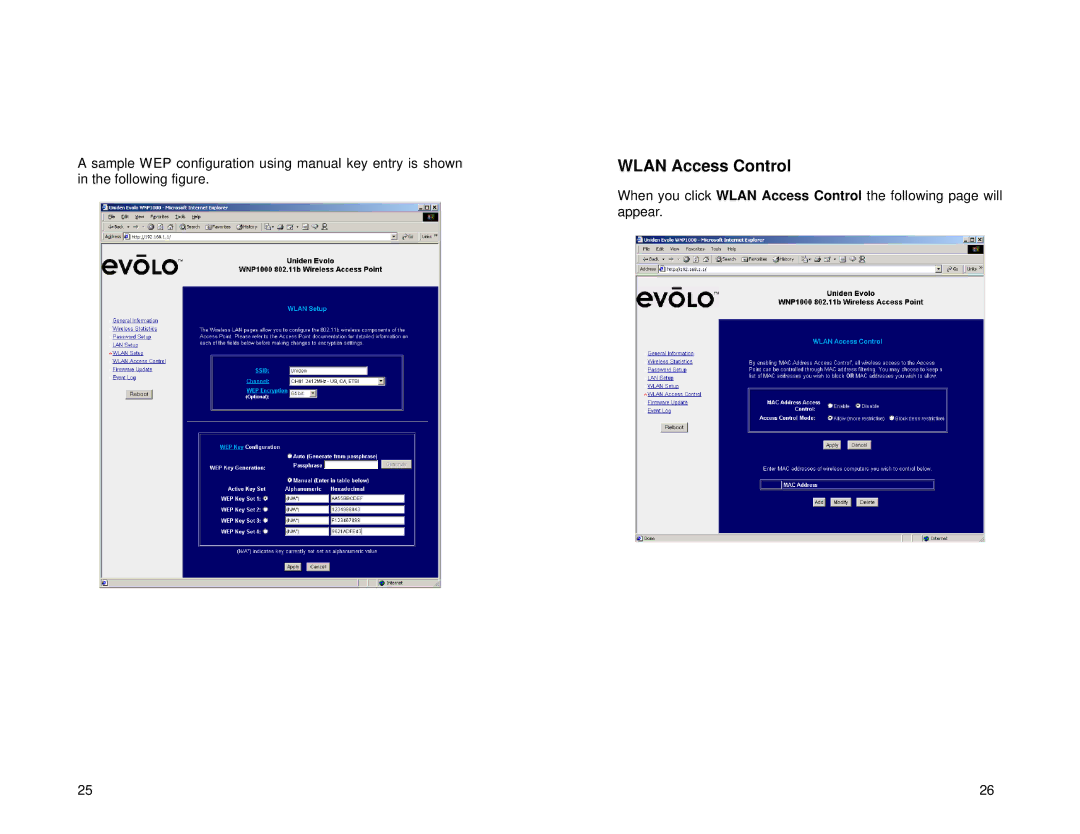 Uniden WNP1000 specifications Wlan Access Control 