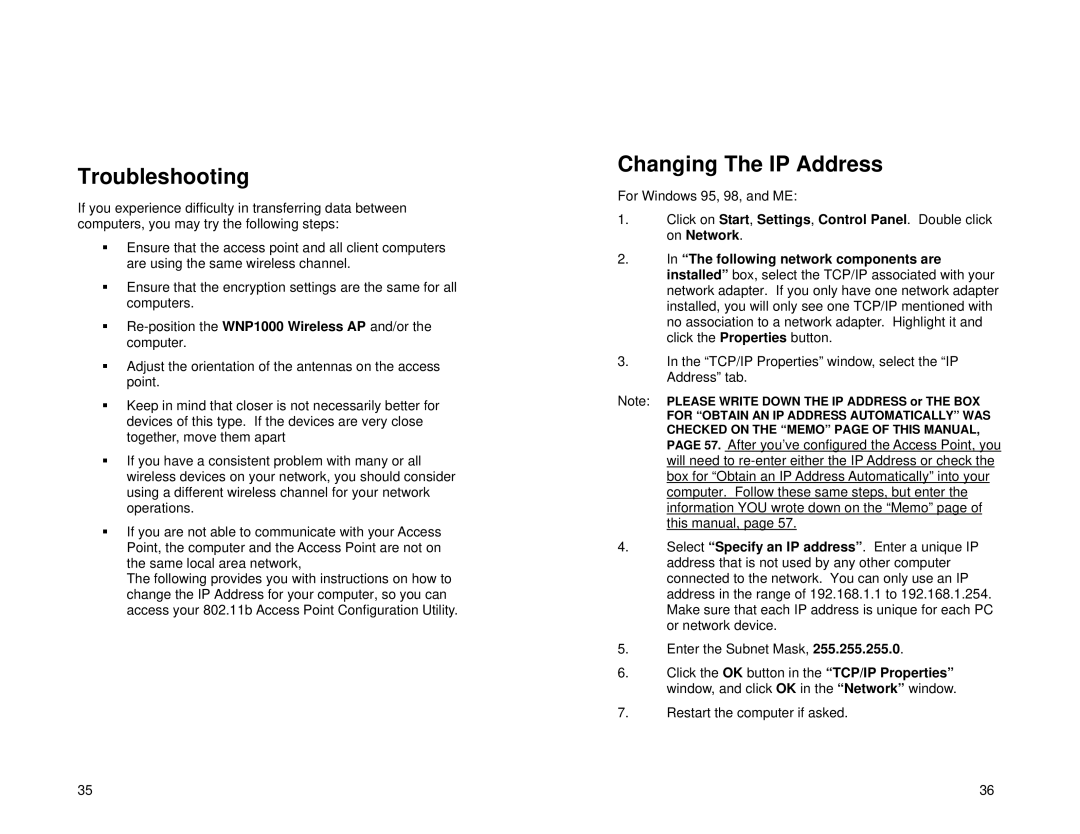 Uniden WNP1000 specifications Troubleshooting, Changing The IP Address 