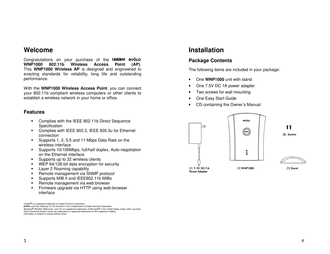 Uniden WNP1000 specifications Welcome, Installation, Features, Package Contents 