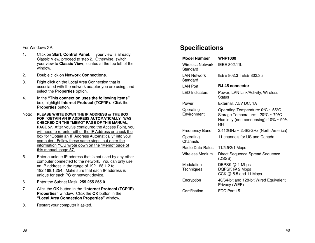 Uniden specifications Specifications, Double click on Network Connections, Model Number WNP1000, RJ-45 connector 