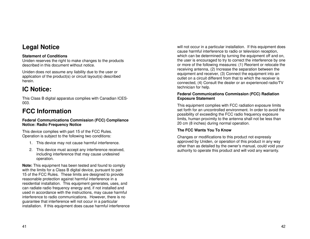 Uniden WNP1000 specifications Legal Notice, IC Notice, FCC Information, Statement of Conditions, FCC Wants You To Know 