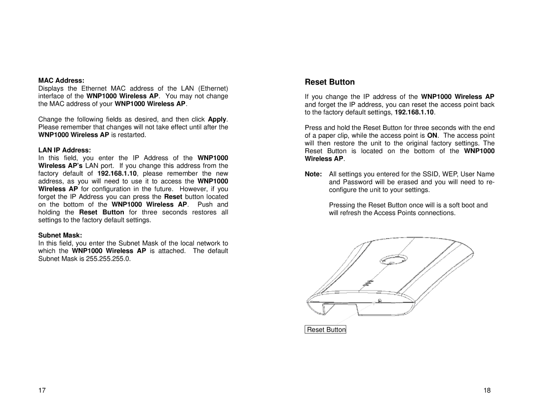 Uniden WNP1000 specifications Reset Button, MAC Address, LAN IP Address, Subnet Mask 