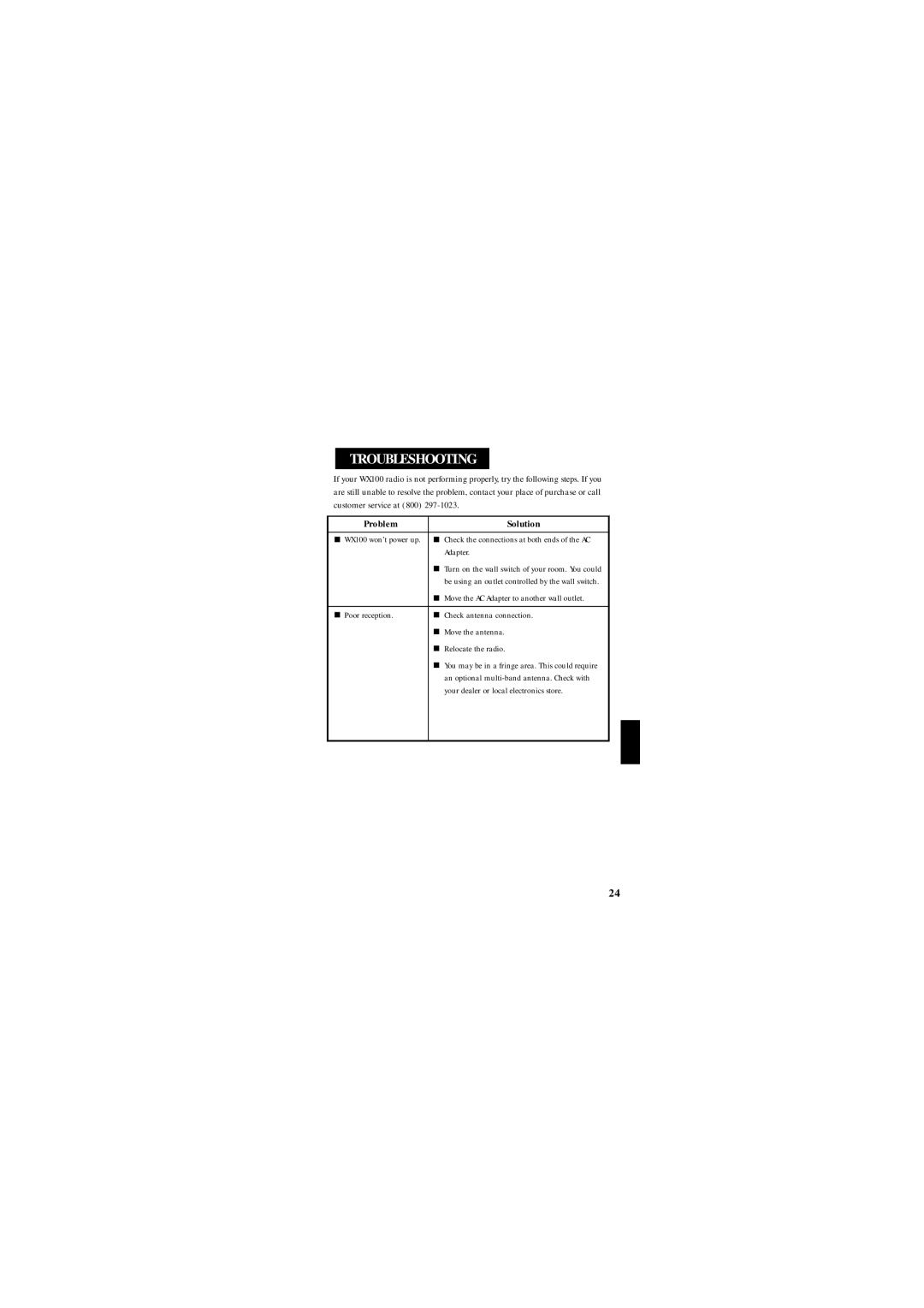 Uniden WX100 manual Troubleshooting, Adapter 