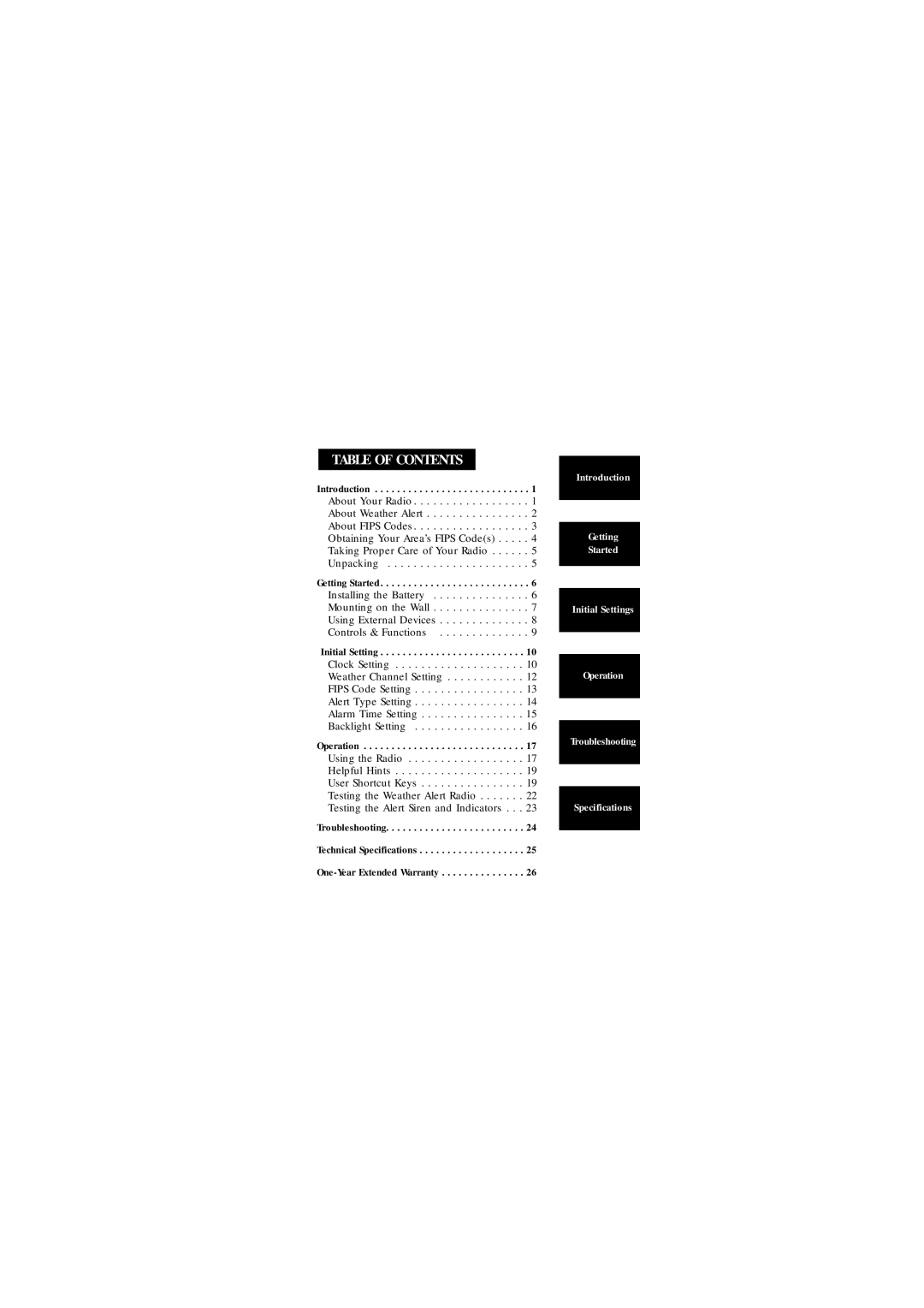 Uniden WX100 manual Table of Contents 