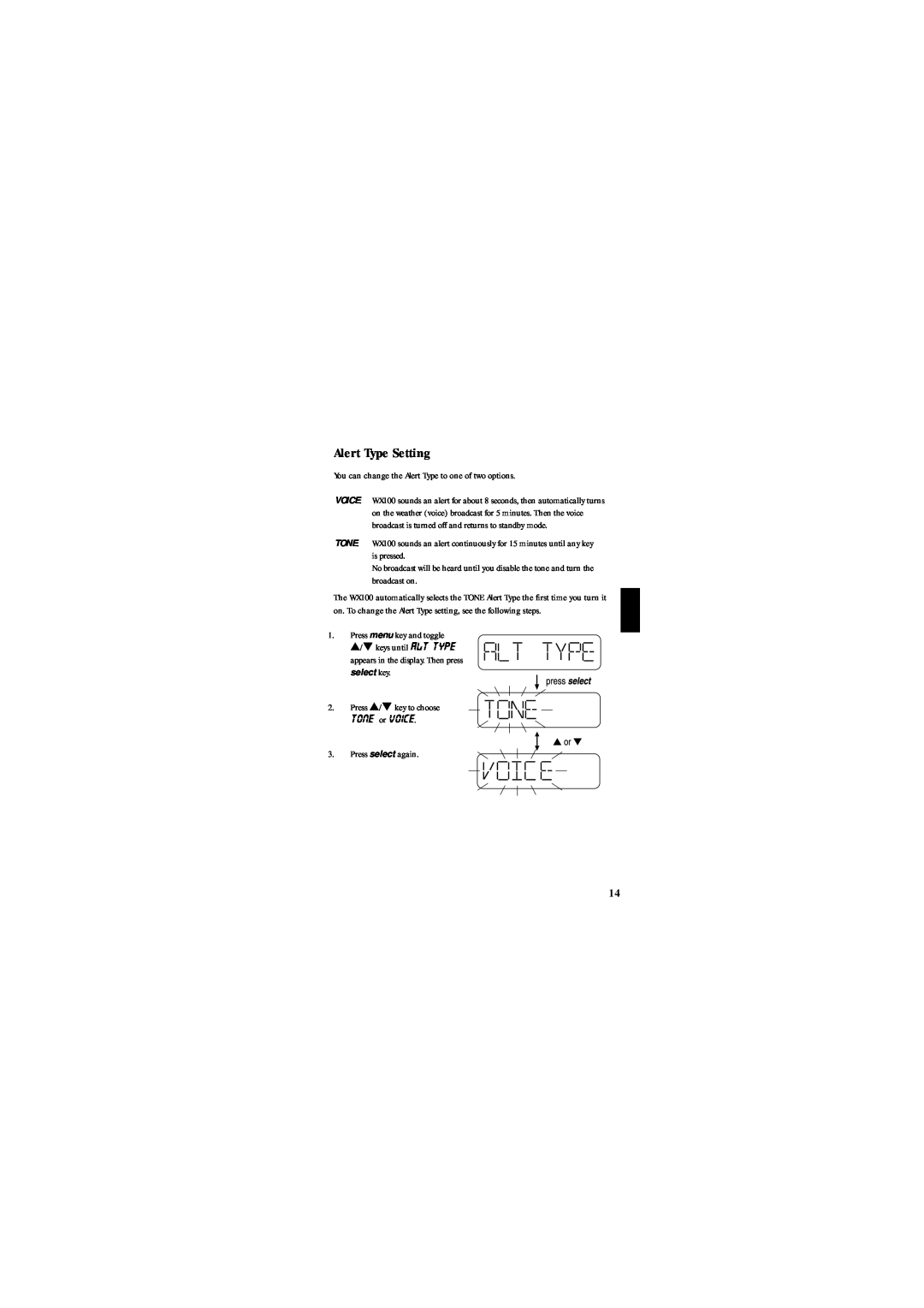 Uniden WX100 manual Alert Type Setting, TONE or VOICE 