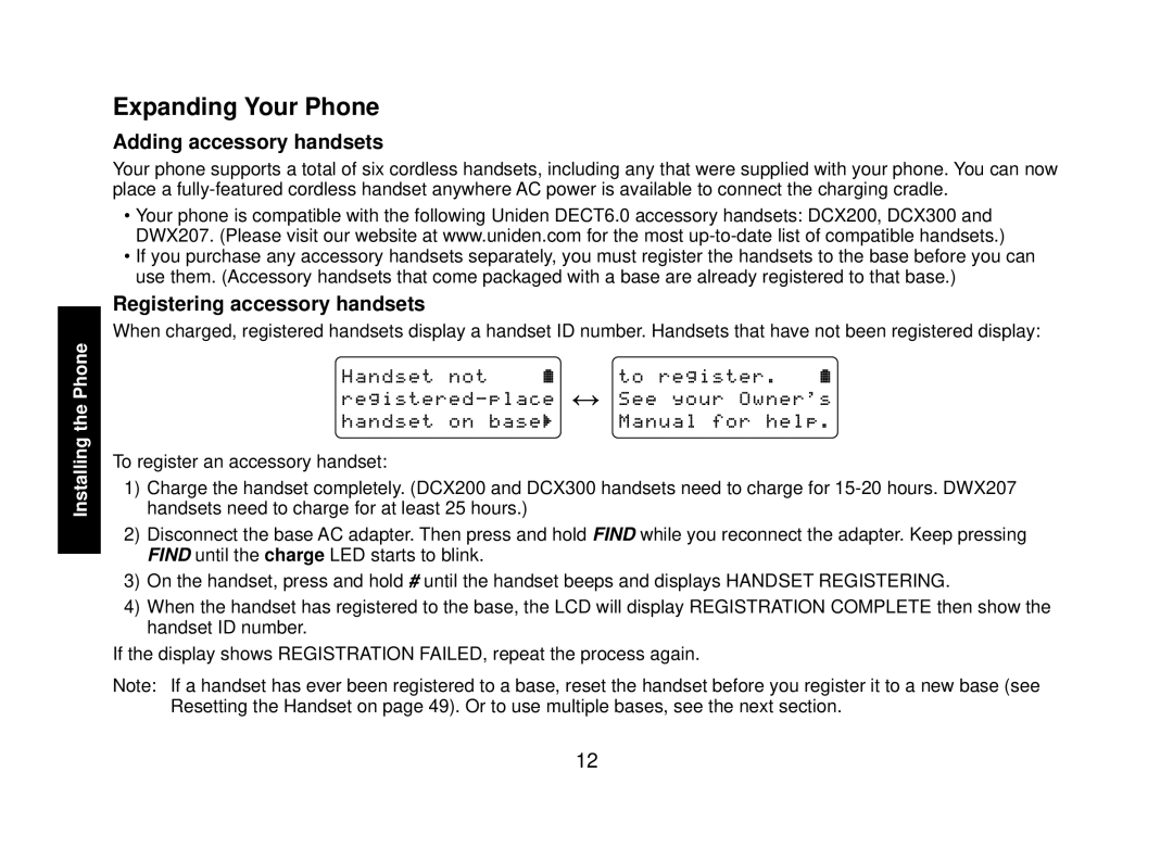 Uniden WXI2077 Series manual Expanding Your Phone, Adding accessory handsets, Registering accessory handsets 