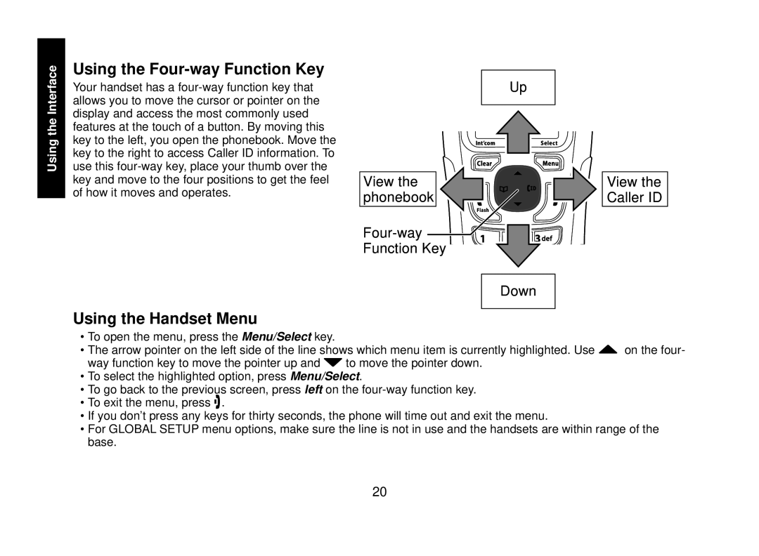 Uniden WXI2077 Series manual Using the Four-way Function Key, Using the Handset Menu 