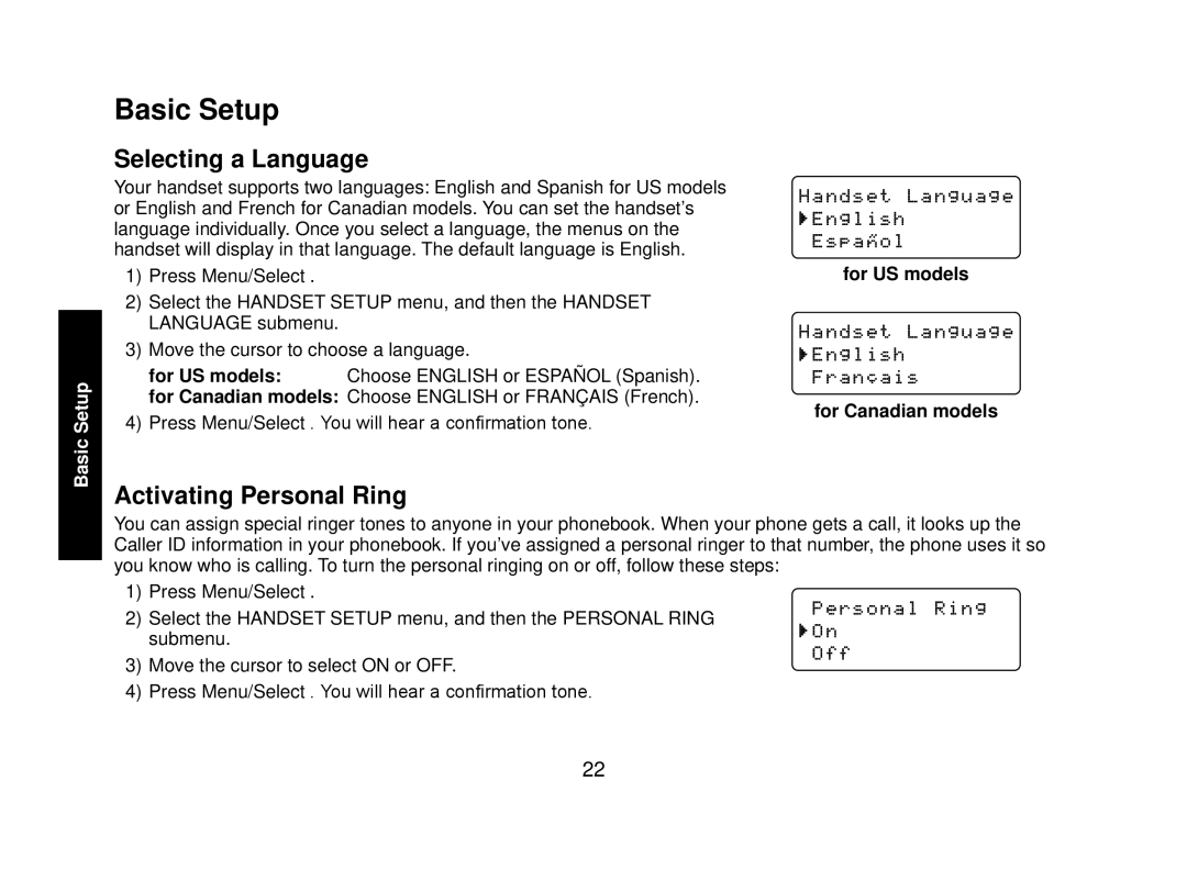 Uniden WXI2077 Series Basic Setup, Selecting a Language, Activating Personal Ring, For US models, For Canadian models 