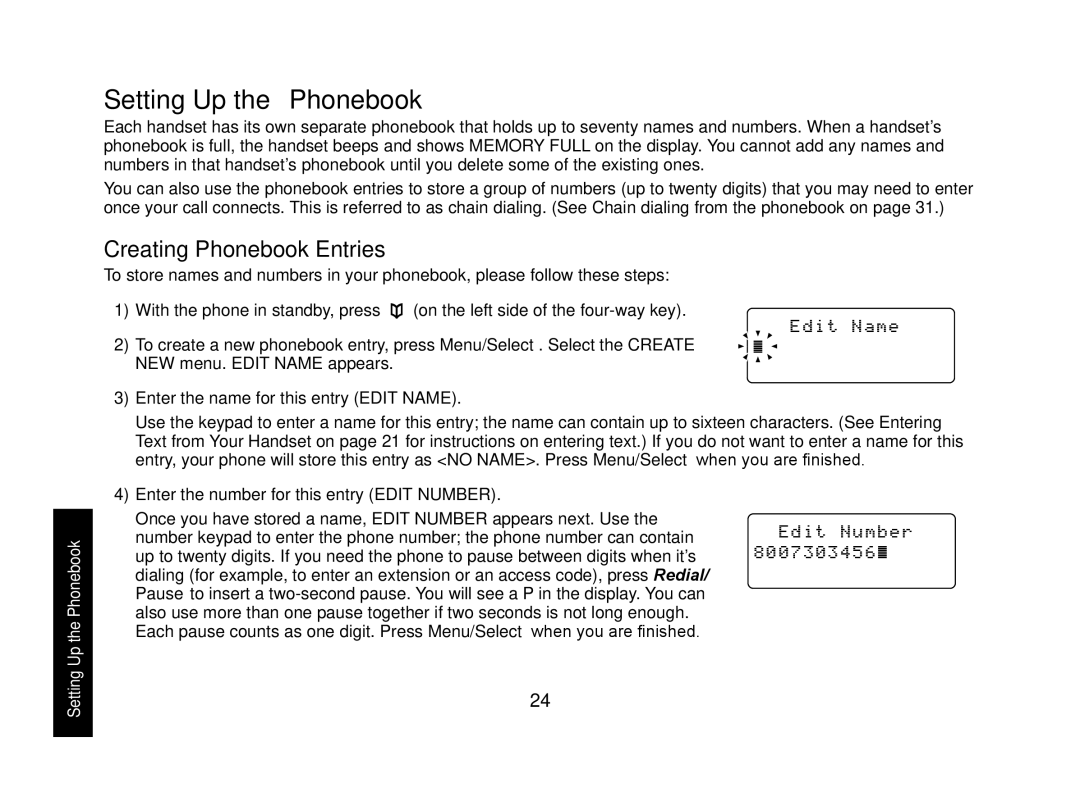 Uniden WXI2077 Series manual Setting Up the Phonebook, Creating Phonebook Entries, Enter the name for this entry Edit Name 