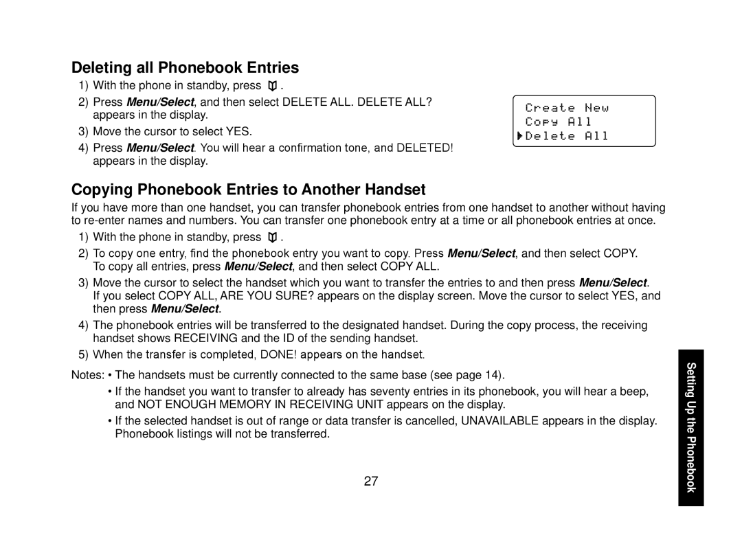 Uniden WXI2077 Series manual Deleting all Phonebook Entries, Copying Phonebook Entries to Another Handset 