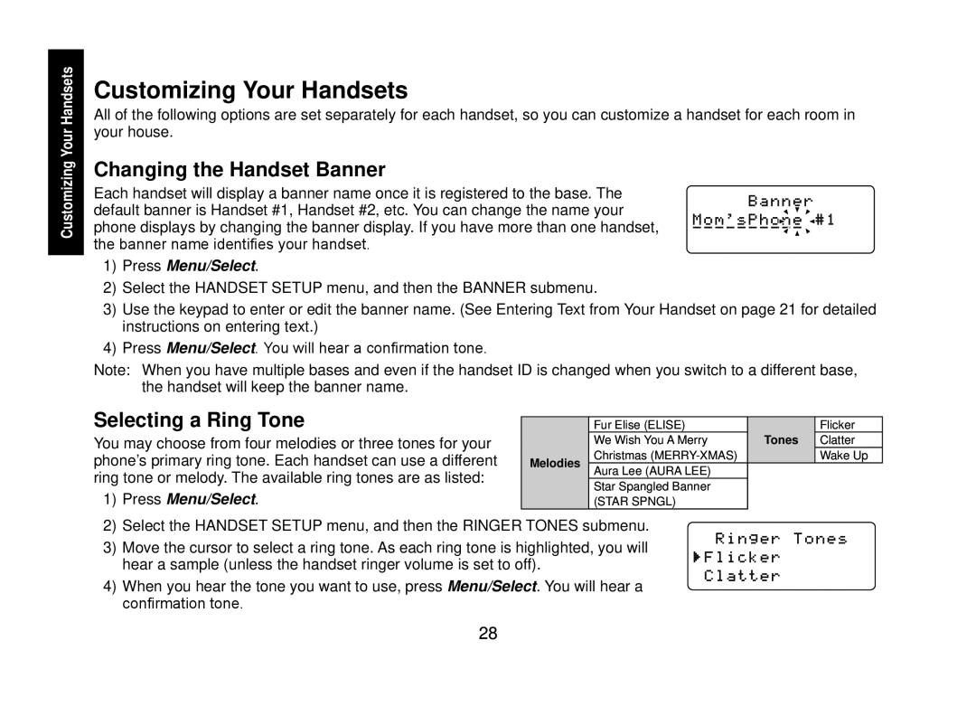 Uniden WXI2077 Series manual Customizing Your Handsets, Changing the Handset Banner, Selecting a Ring Tone 