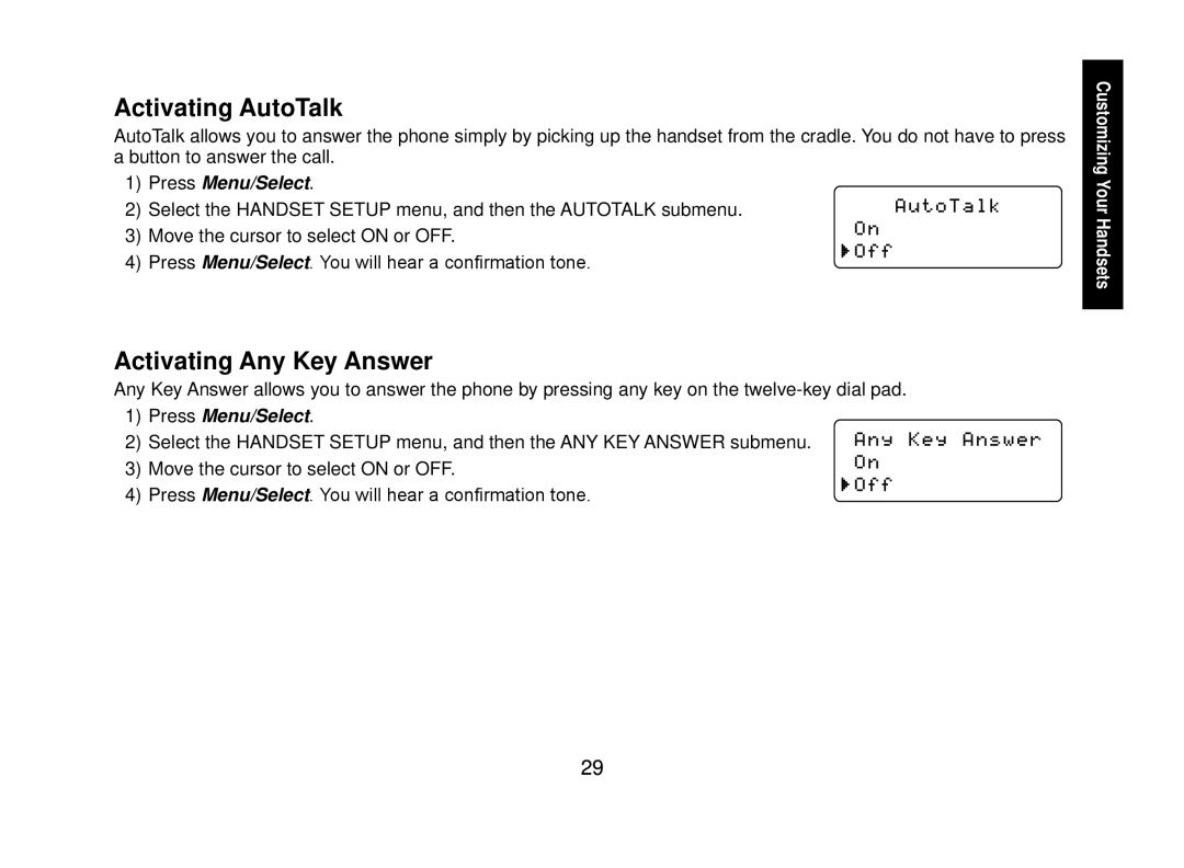 Uniden WXI2077 Series manual Activating AutoTalk, Activating Any Key Answer 