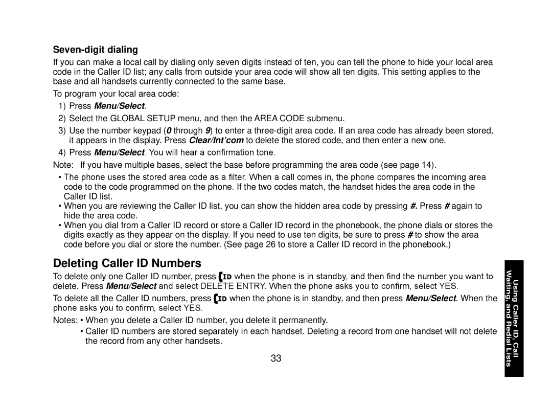 Uniden WXI2077 Series manual Deleting Caller ID Numbers, Seven-digit dialing 