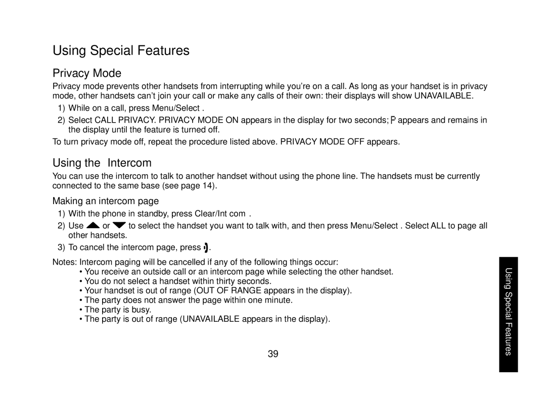 Uniden WXI2077 Series manual Using Special Features, Privacy Mode, Using the Intercom, Making an intercom 