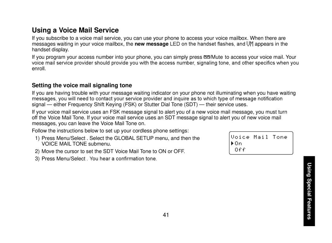 Uniden WXI2077 Series manual Using a Voice Mail Service, Setting the voice mail signaling tone 