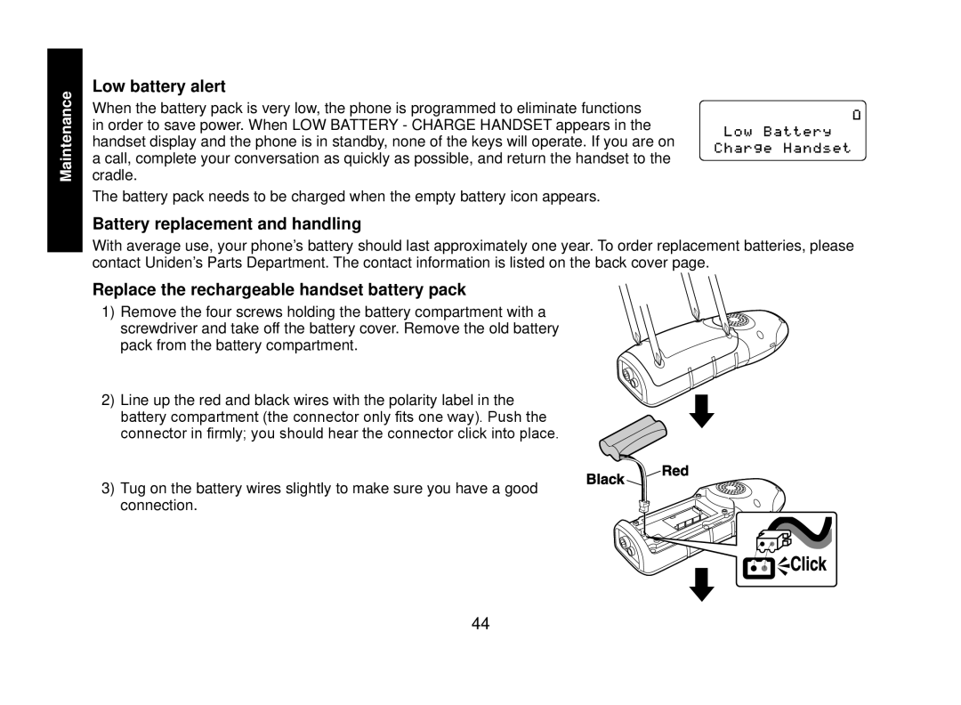 Uniden WXI2077 Series Low battery alert, Battery replacement and handling, Replace the rechargeable handset battery pack 