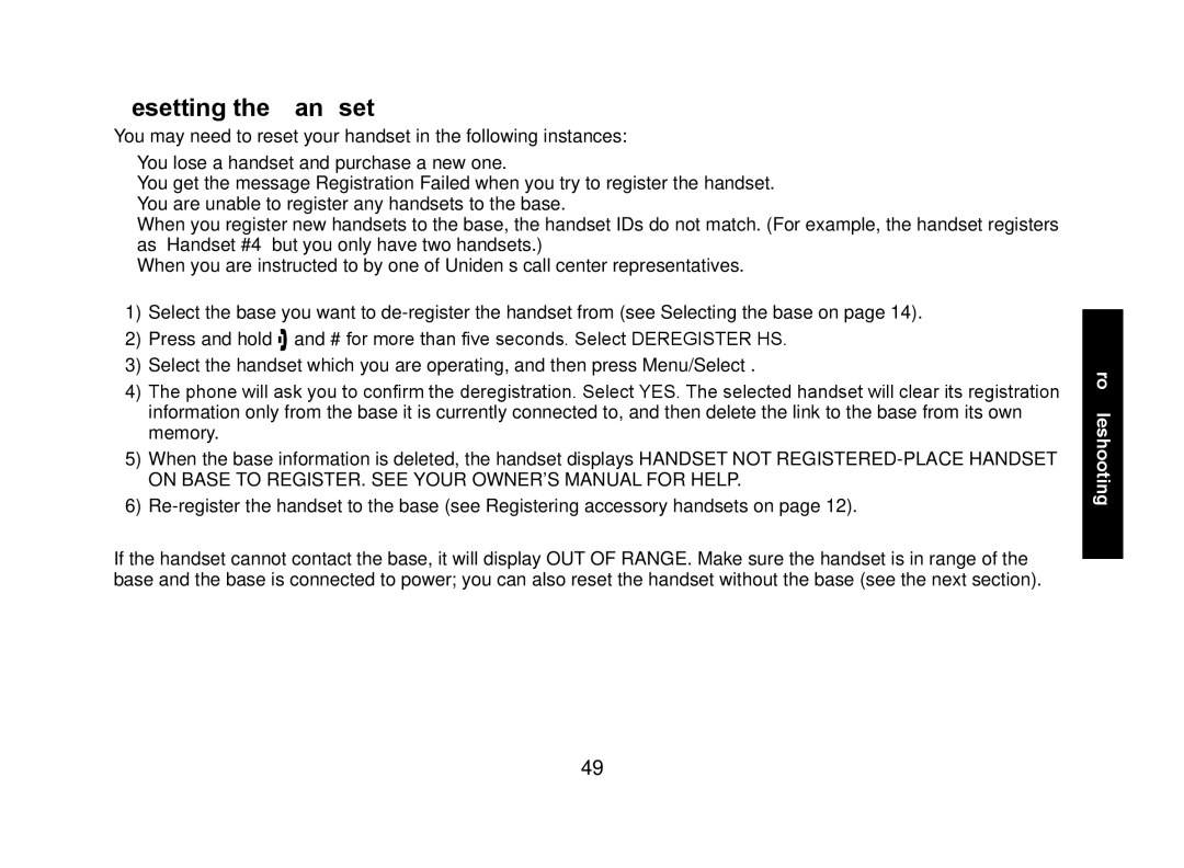 Uniden WXI2077 Series manual Resetting the Handset 