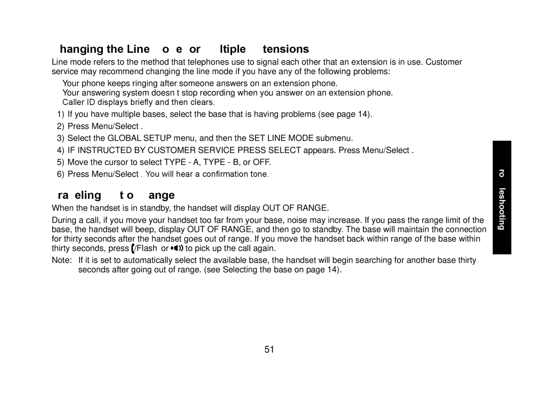 Uniden WXI2077 Series manual Changing the Line Mode for Multiple Extensions, Traveling Out of Range 