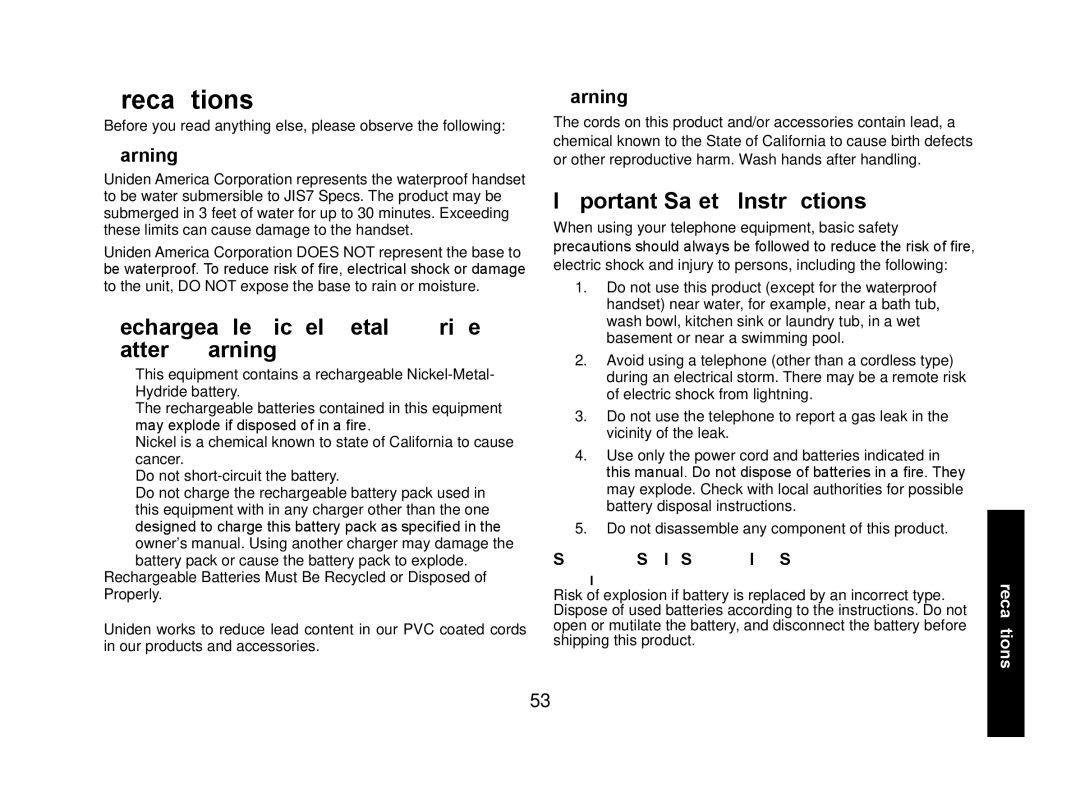 Uniden WXI2077 Series manual Precautions, Rechargeable Nickel-Metal-Hydride Battery Warning, Important Safety Instructions 