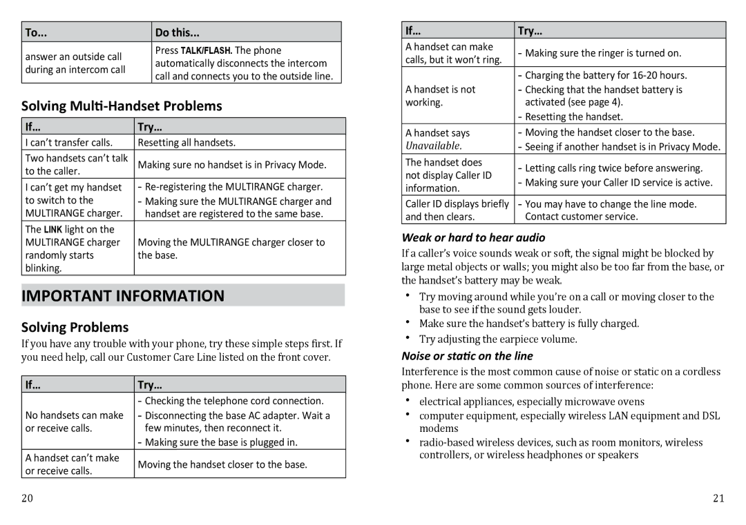Uniden WXI3077 manual Important Information, Solving Multi-Handset Problems, Solving Problems, Weak or hard to hear audio 