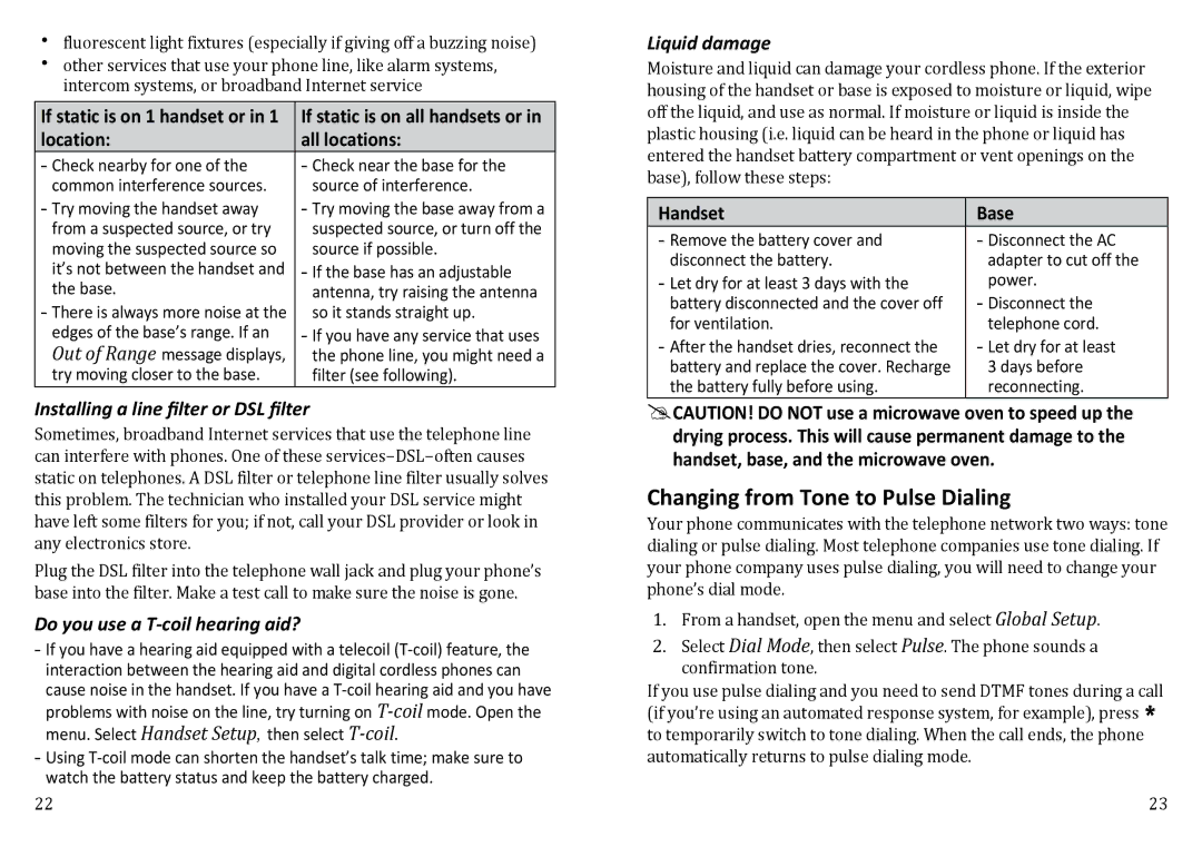 Uniden WXI3077 Changing from Tone to Pulse Dialing, Installing a line filter or DSL filter, Liquid damage, Handset Base 
