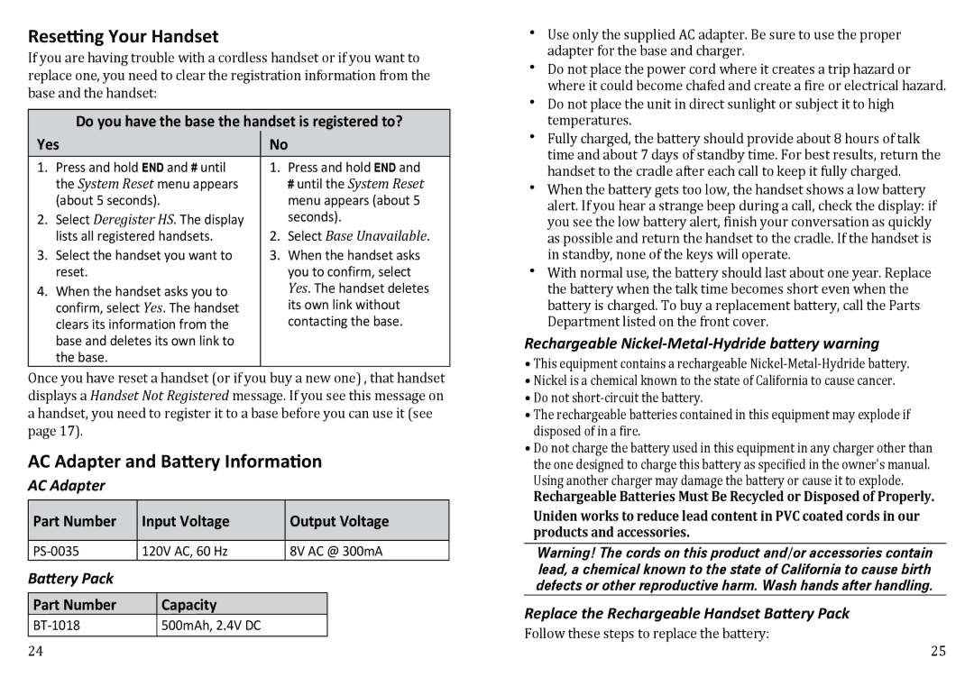 Uniden WXI3077 manual Resetting Your Handset, AC Adapter and Battery Information 