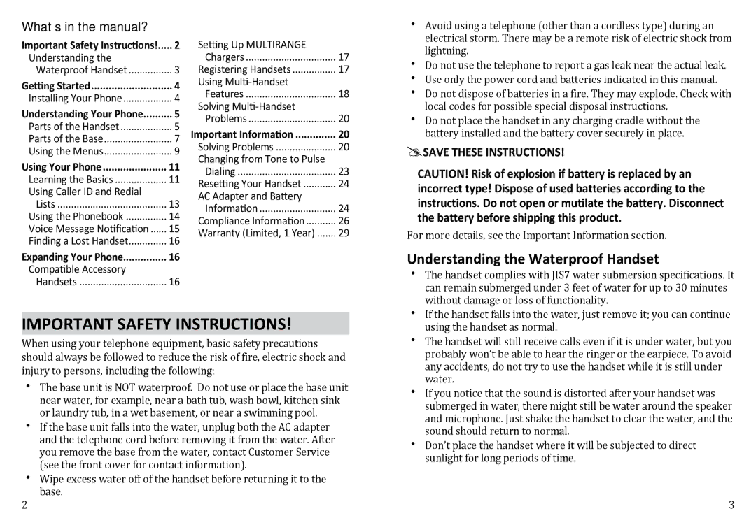 Uniden WXI3077 Important Safety Instructions, Understanding the Waterproof Handset, What’s in the manual? 