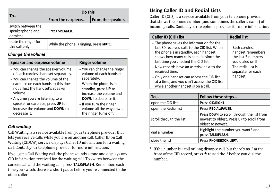 Uniden WXI3077 manual Using Caller ID and Redial Lists, Change the volume, Call waiting 