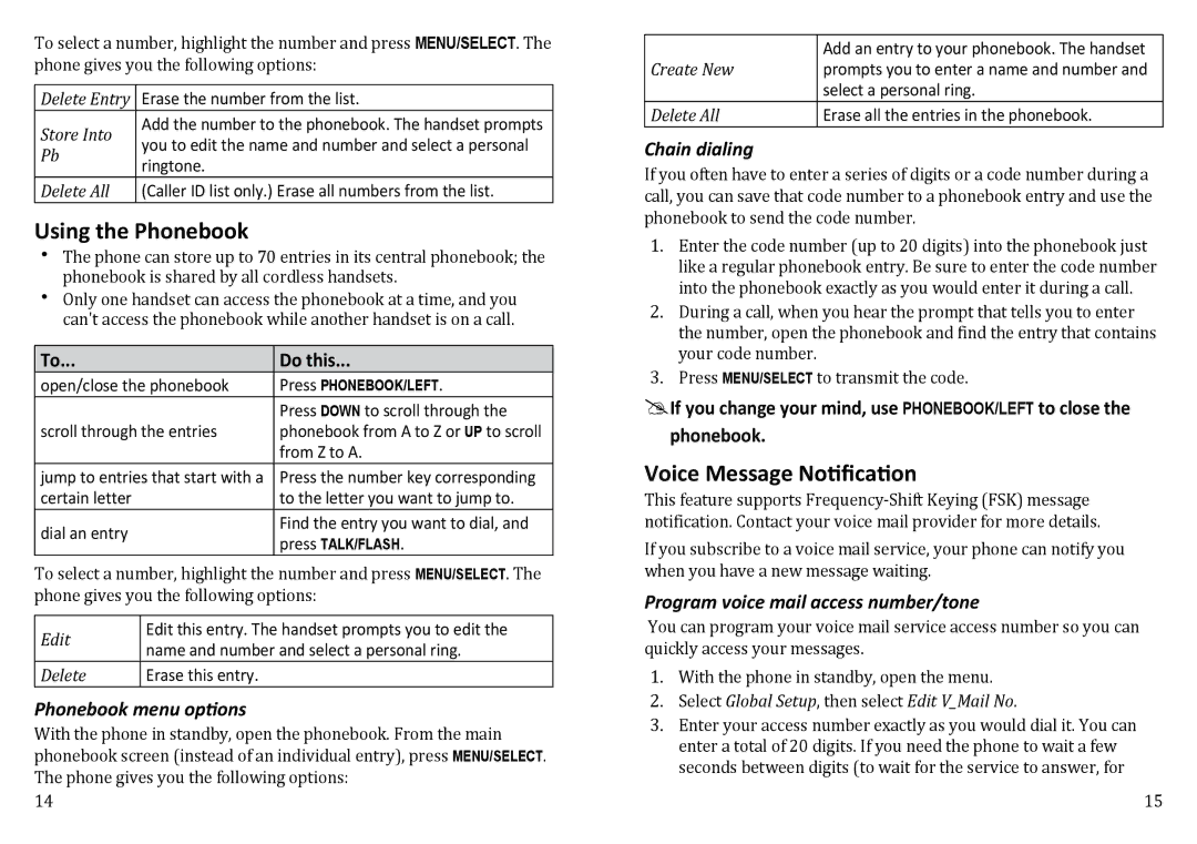 Uniden WXI3077 manual Using the Phonebook, Voice Message Notification, Phonebook menu options, Chain dialing 