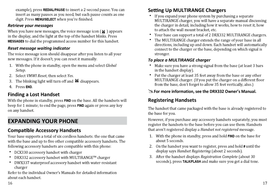 Uniden WXI3077 Expanding Your Phone, Finding a Lost Handset, Compatible Accessory Handsets, Setting Up Multirange Chargers 