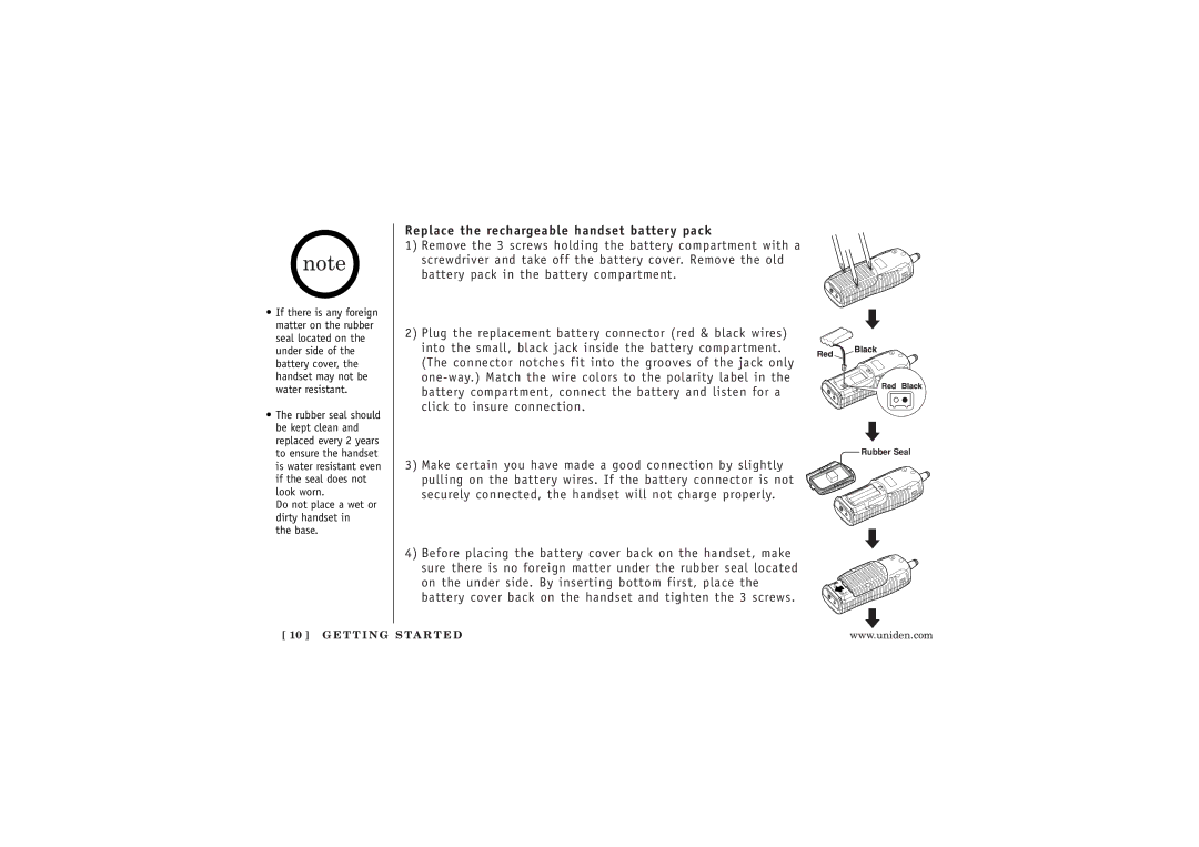 Uniden WXI377 manual Replace the rechargeable handset battery pack 