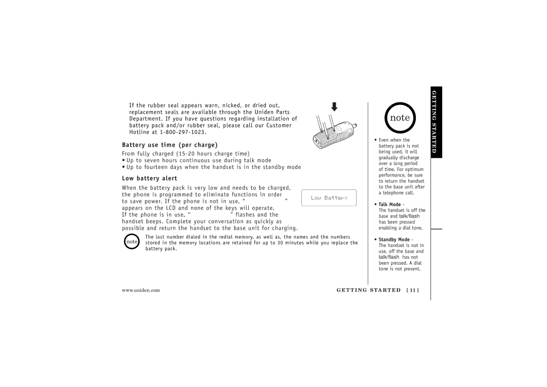 Uniden WXI377 manual Battery use time per charge, Low battery alert, Talk Mode, Standby Mode 