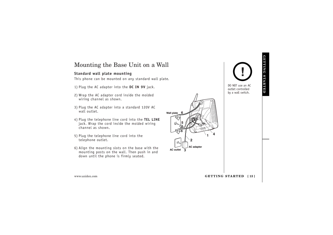 Uniden WXI377 manual Mounting the Base Unit on a Wall, Standard wall plate mounting 