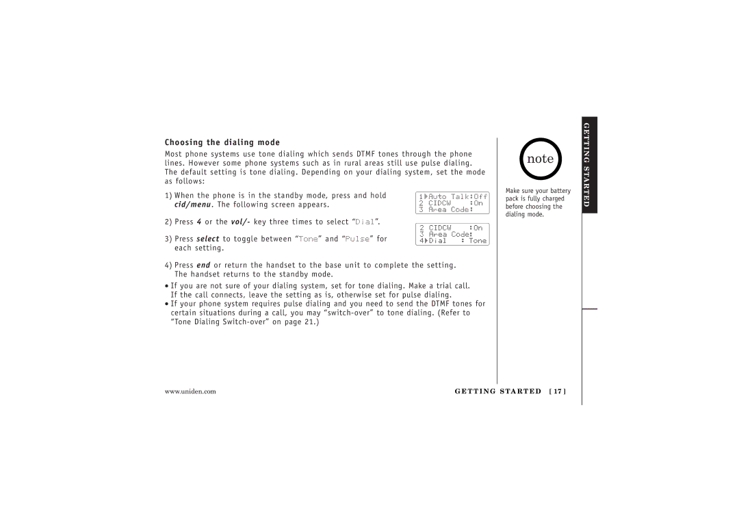 Uniden WXI377 manual Choosing the dialing mode 