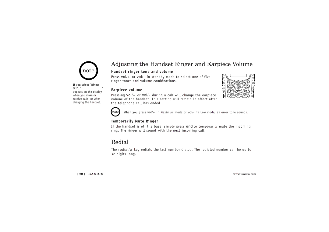 Uniden WXI377 Adjusting the Handset Ringer and Earpiece Volume, Redial, Handset ringer tone and volume, Earpiece volume 