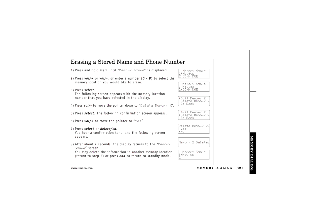 Uniden WXI377 manual Erasing a Stored Name and Phone Number, Press select or delete/ch 