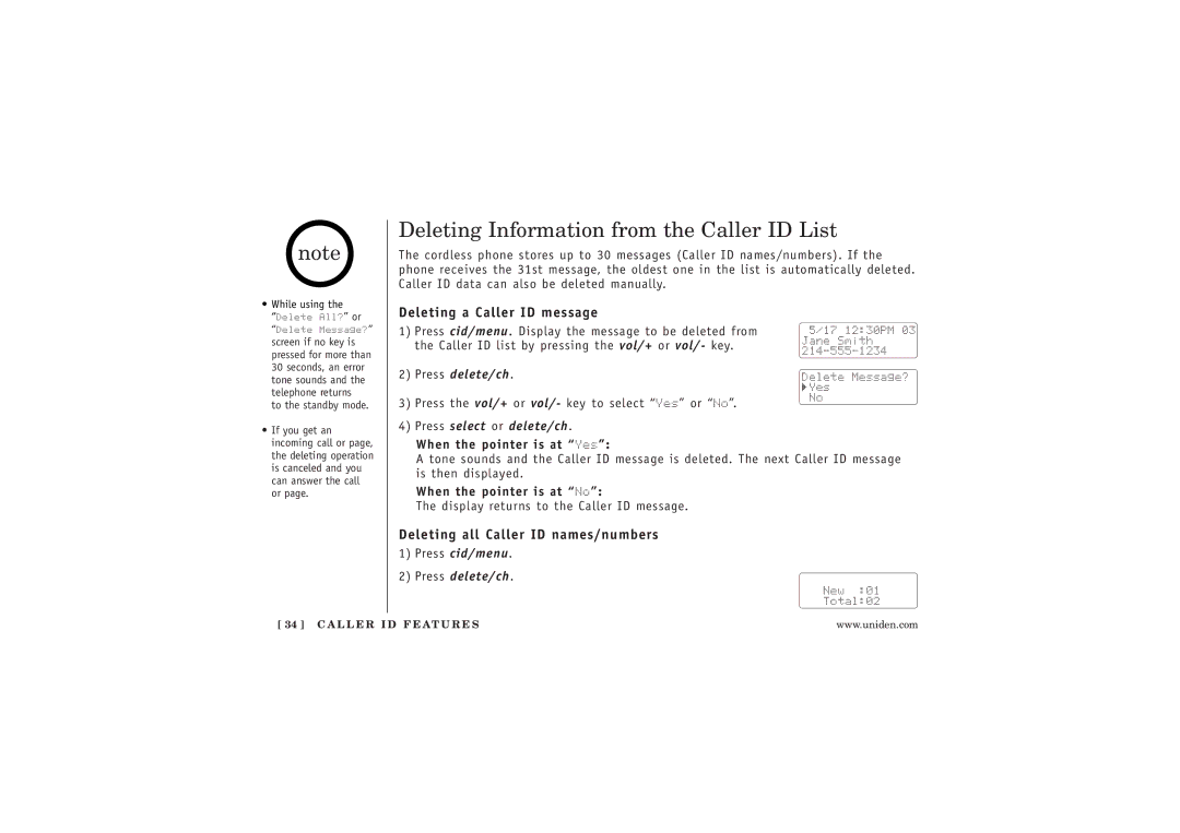 Uniden WXI377 manual Deleting Information from the Caller ID List, Deleting a Caller ID message, When the pointer is at Yes 