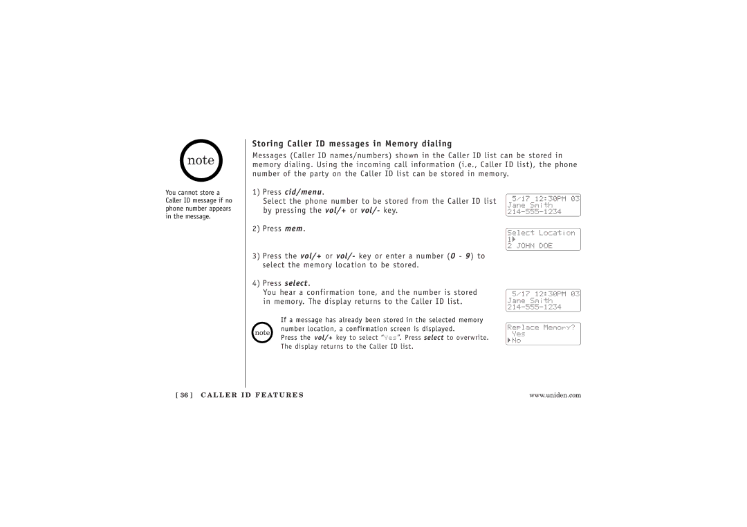 Uniden WXI377 manual Storing Caller ID messages in Memory dialing 