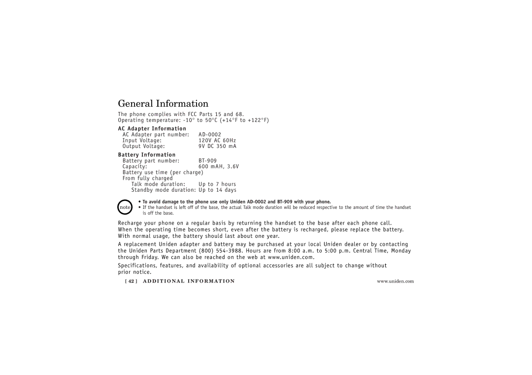 Uniden WXI377 manual General Information, AC Adapter Information, Battery Information 