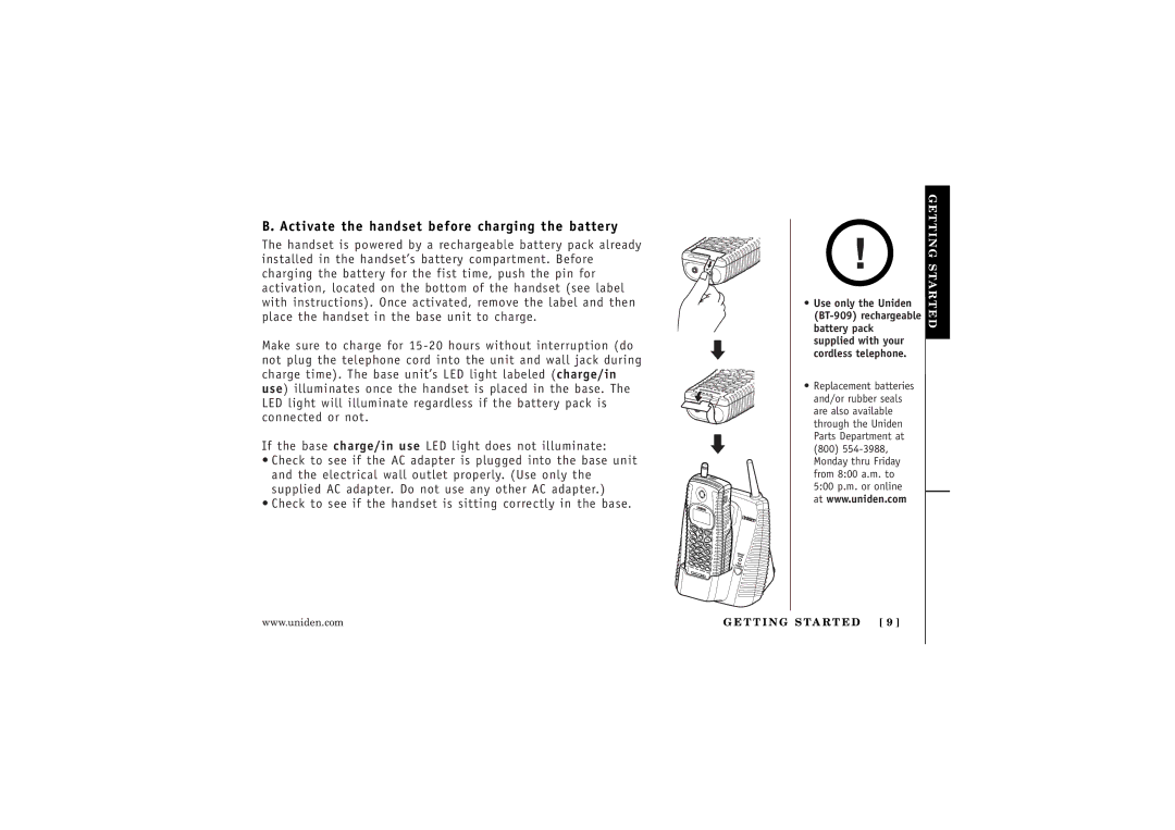 Uniden WXI377 manual Activate the handset before charging the battery, Getting Started 