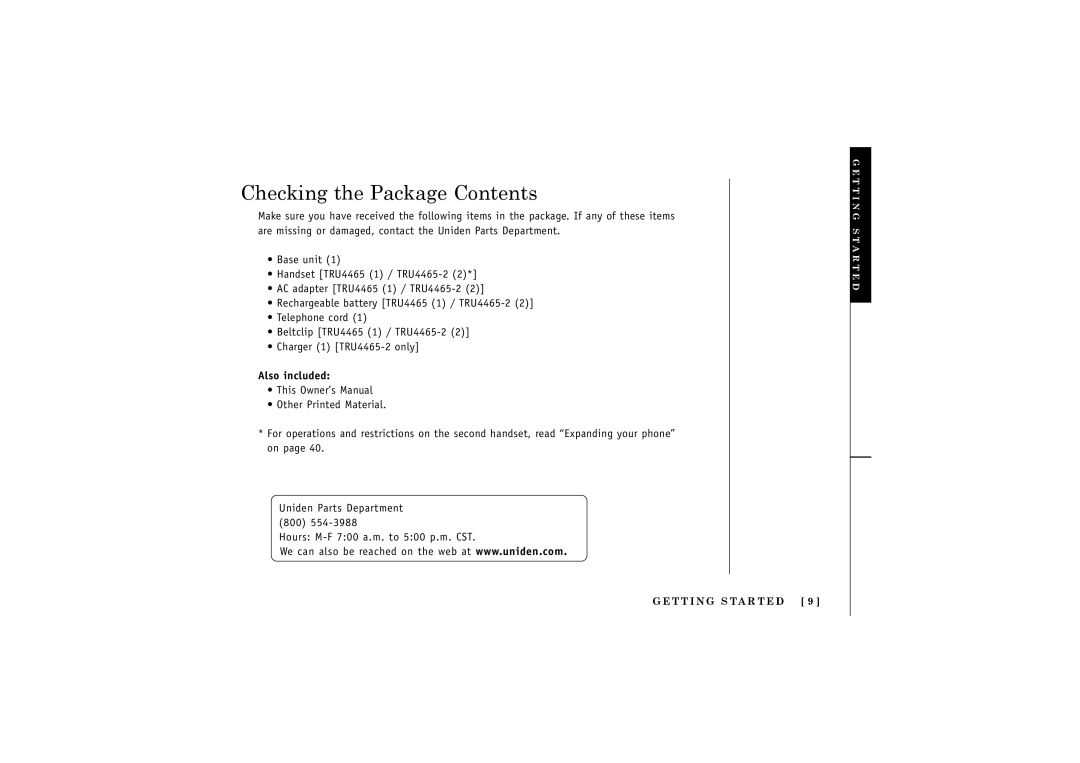 Uniden X2.4GHz manual Checking the Package Contents 