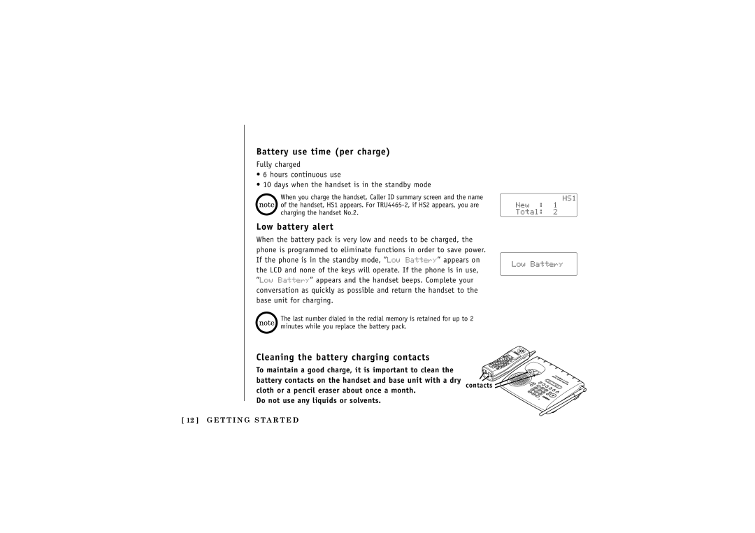 Uniden X2.4GHz manual Battery use time per charge, Low battery alert, Cleaning the battery charging contacts 